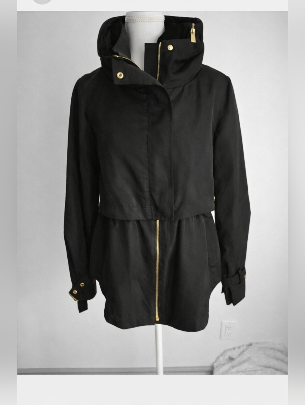 Zara. NWOT. Black Spring Trench Coat Zippered Hood And Adjustable Sleeves Size S